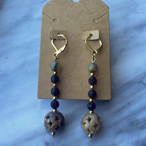 Handmade Soapstone Lava Jade Gold Earrings - Picture 4 of 6